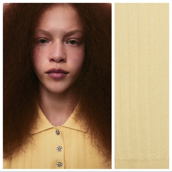 NWT. Zara Yellow Jewel Buttons Knit Polo Shirt. Size M. - Picture 3 of 11